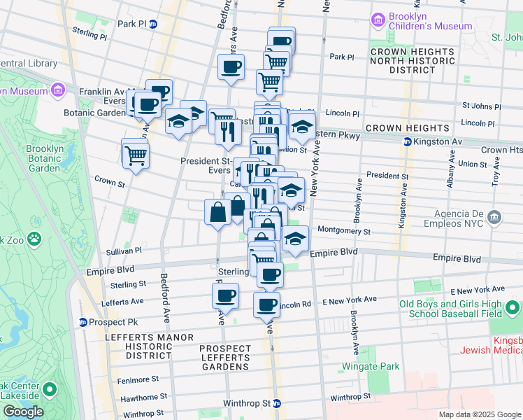 map of restaurants, bars, coffee shops, grocery stores, and more near 280 Crown Street in Brooklyn