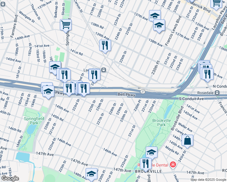 map of restaurants, bars, coffee shops, grocery stores, and more near 225-17 North Conduit Avenue in Queens