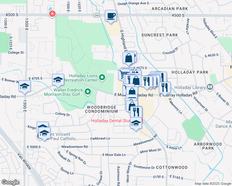 map of restaurants, bars, coffee shops, grocery stores, and more near 1709 East Murray Holladay Road in Holladay