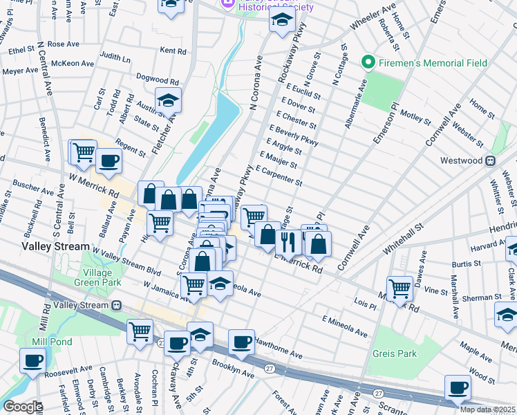 map of restaurants, bars, coffee shops, grocery stores, and more near 16 East Melrose Street in Valley Stream