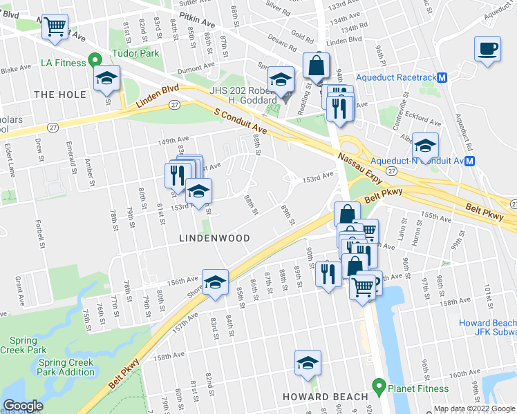 map of restaurants, bars, coffee shops, grocery stores, and more near 25 155th Avenue in Queens
