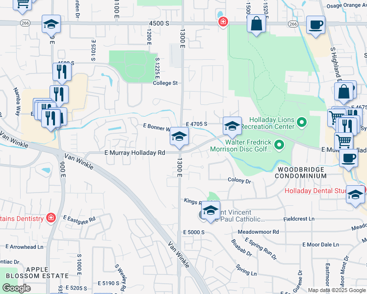 map of restaurants, bars, coffee shops, grocery stores, and more near 1341 East 4750 South in Salt Lake City