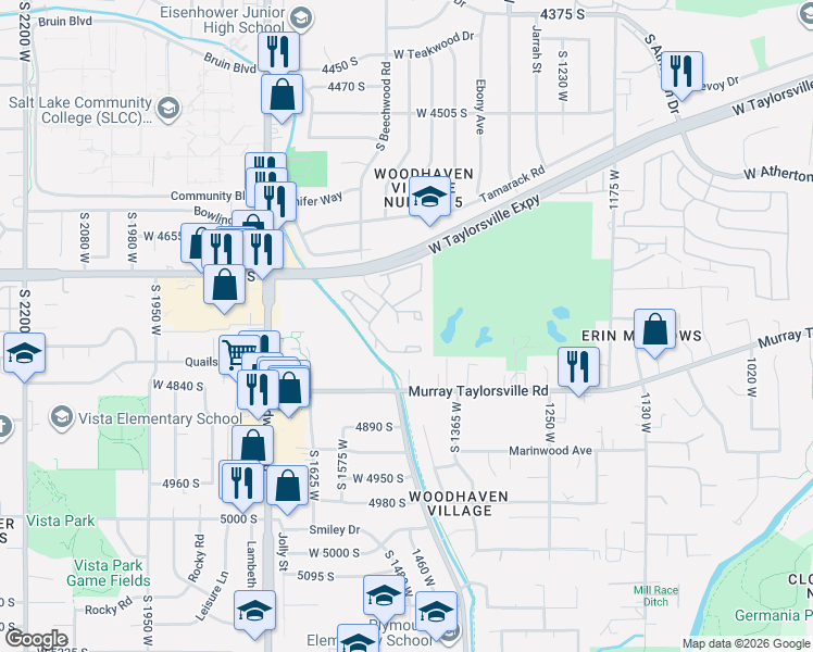 map of restaurants, bars, coffee shops, grocery stores, and more near 1471 River Cross Court in Taylorsville