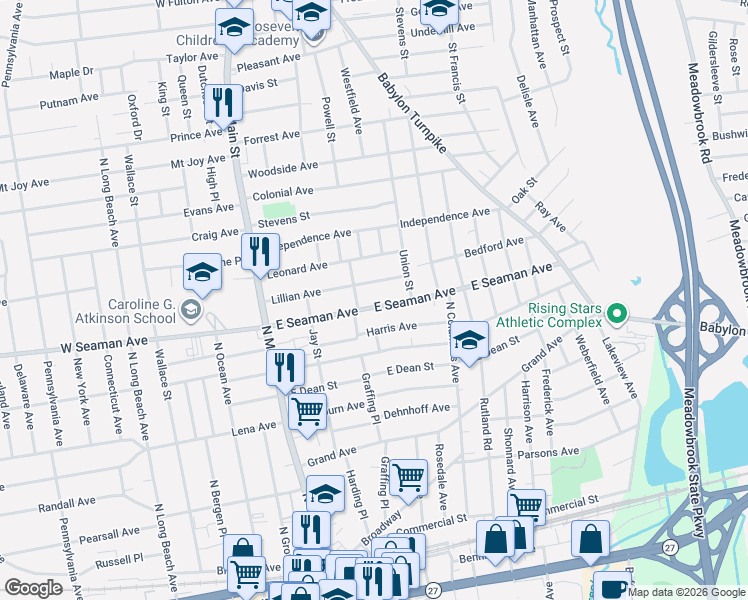 map of restaurants, bars, coffee shops, grocery stores, and more near 92 Lillian Avenue in Freeport