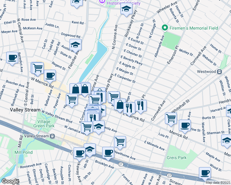 map of restaurants, bars, coffee shops, grocery stores, and more near 16 East Melrose Street in Valley Stream