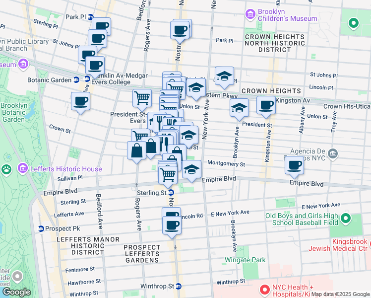 map of restaurants, bars, coffee shops, grocery stores, and more near 299 Crown Street in Brooklyn