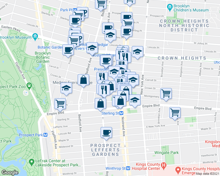 map of restaurants, bars, coffee shops, grocery stores, and more near 211 Crown Street in Brooklyn