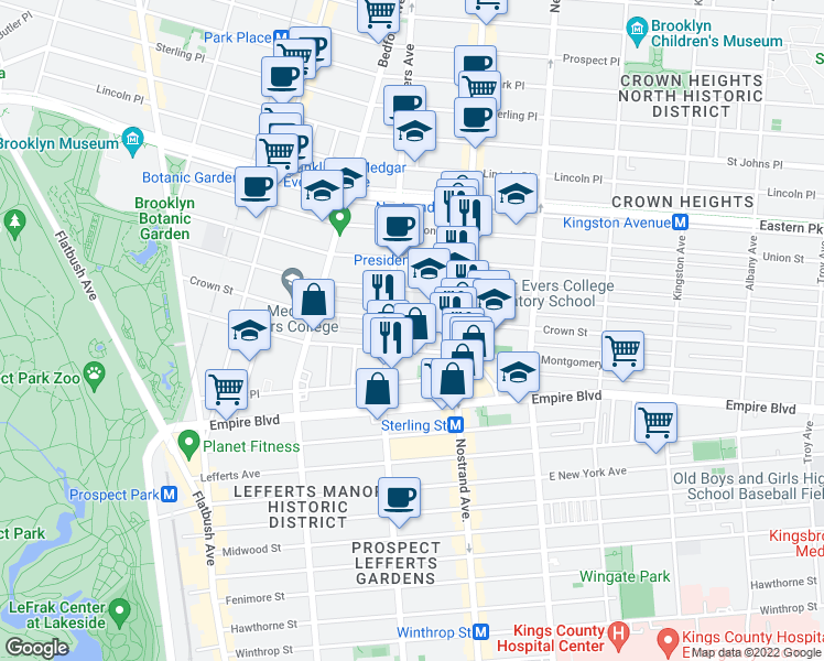 map of restaurants, bars, coffee shops, grocery stores, and more near 211 Crown Street in Brooklyn
