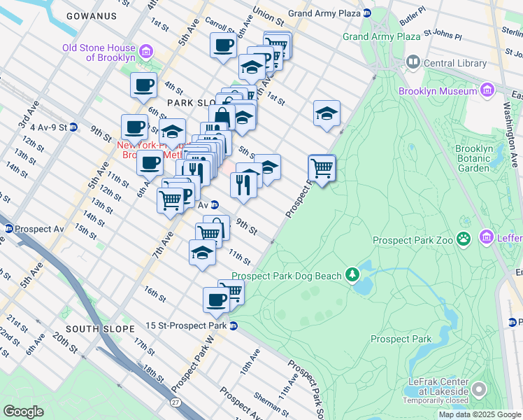 map of restaurants, bars, coffee shops, grocery stores, and more near 581 7th Street in Brooklyn