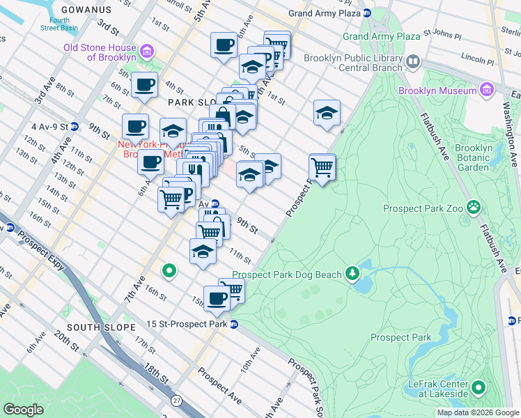 map of restaurants, bars, coffee shops, grocery stores, and more near 581 7th Street in Brooklyn