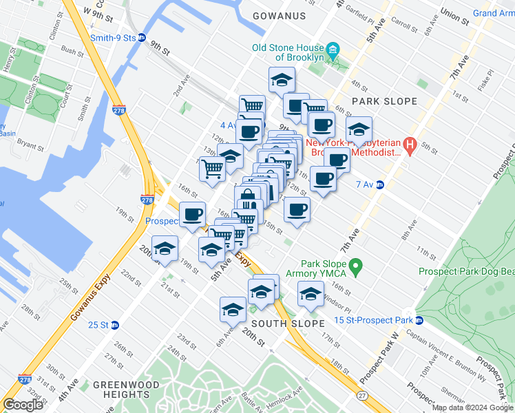 map of restaurants, bars, coffee shops, grocery stores, and more near 530 5th Avenue in Brooklyn