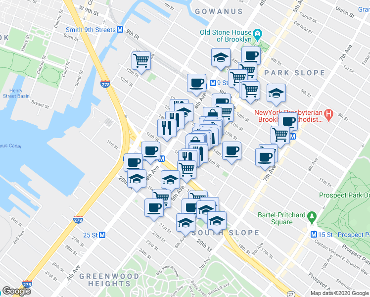 map of restaurants, bars, coffee shops, grocery stores, and more near 173 15th Street in Brooklyn