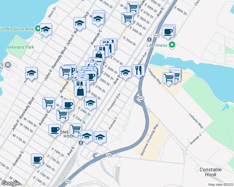 map of restaurants, bars, coffee shops, grocery stores, and more near 183 Prospect Avenue in Bayonne