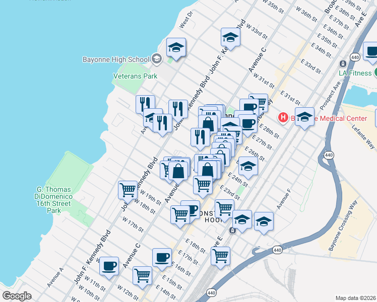 map of restaurants, bars, coffee shops, grocery stores, and more near 81-83 East 24th Street in Bayonne