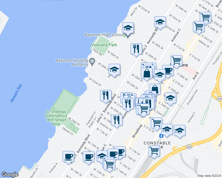 map of restaurants, bars, coffee shops, grocery stores, and more near 132 West 23rd Street in Bayonne