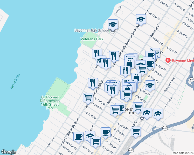 map of restaurants, bars, coffee shops, grocery stores, and more near 132 West 23rd Street in Bayonne
