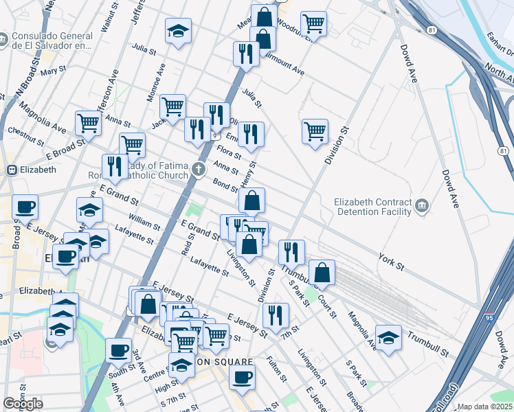 map of restaurants, bars, coffee shops, grocery stores, and more near 874 Bond Street in Elizabeth
