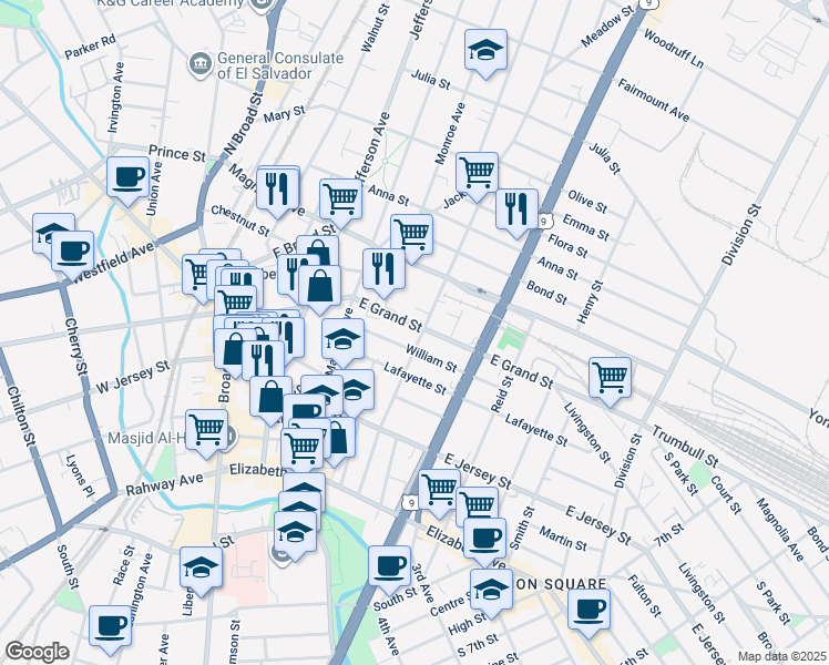 map of restaurants, bars, coffee shops, grocery stores, and more near 1062 East Grand Street in Elizabeth