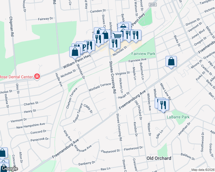 map of restaurants, bars, coffee shops, grocery stores, and more near 4033 Winfield Terrace in Easton