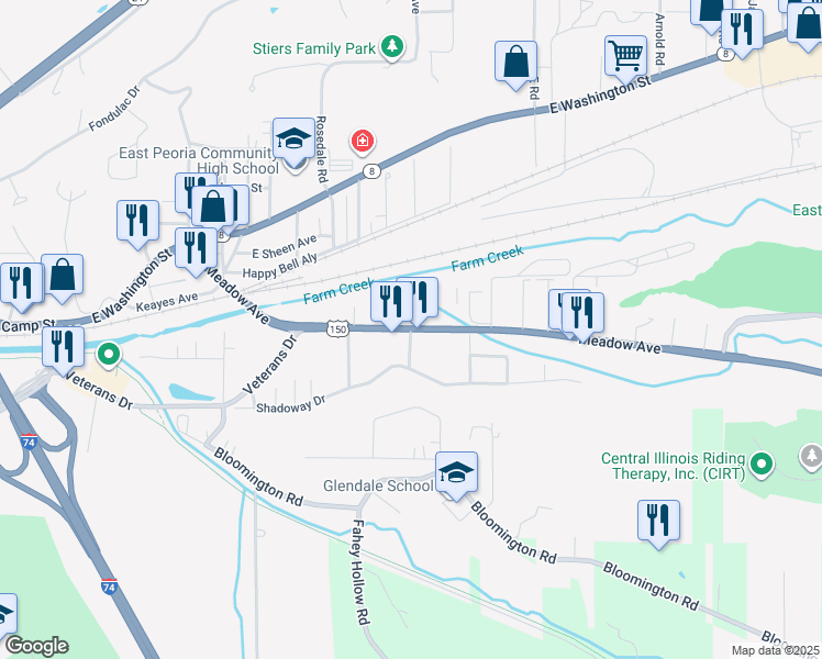 map of restaurants, bars, coffee shops, grocery stores, and more near 305 Meadow Avenue in East Peoria