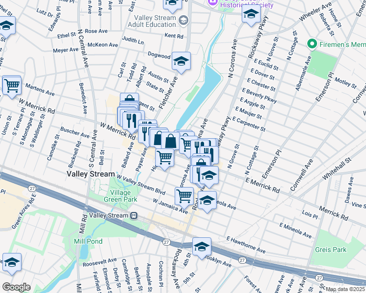map of restaurants, bars, coffee shops, grocery stores, and more near 54 West Maple Street in Valley Stream
