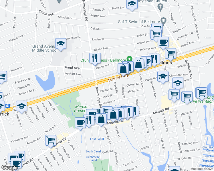 map of restaurants, bars, coffee shops, grocery stores, and more near 112 Hanson Place in Bellmore