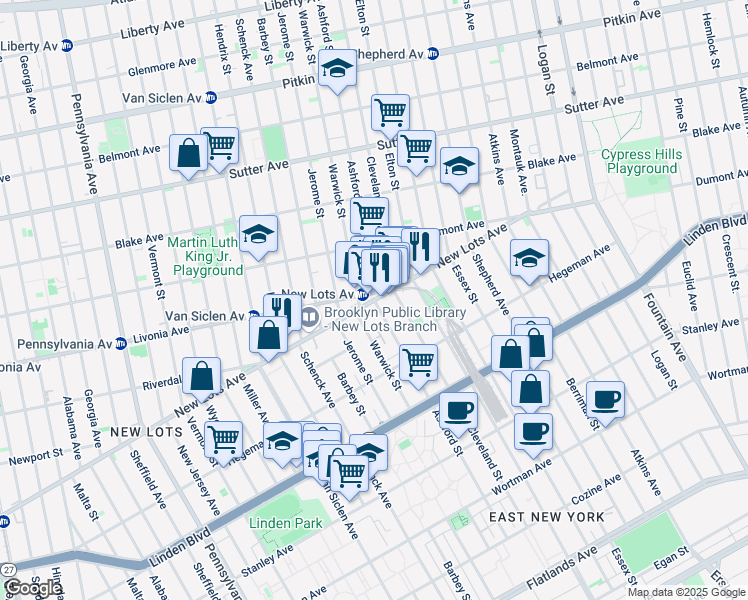 map of restaurants, bars, coffee shops, grocery stores, and more near New Lots Avenue & Ashford Street in Brooklyn