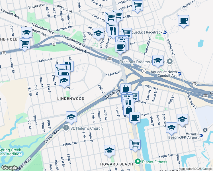 map of restaurants, bars, coffee shops, grocery stores, and more near 59 155th Avenue in Queens