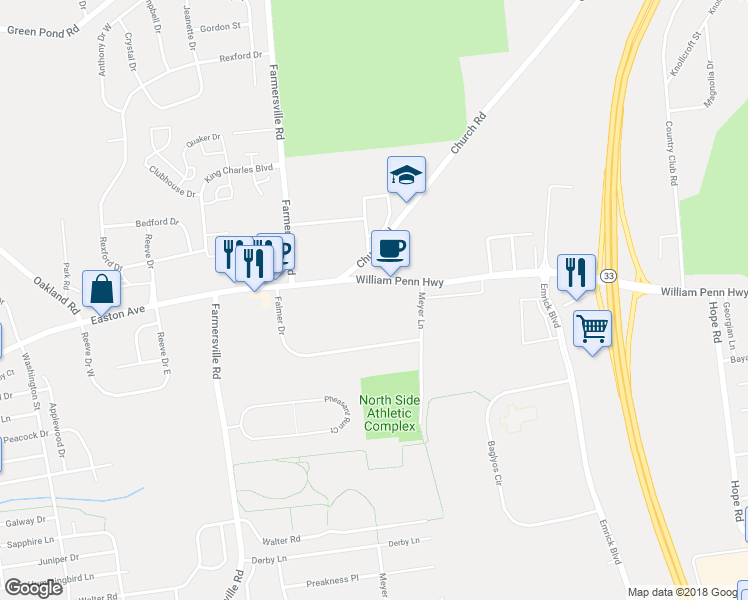 map of restaurants, bars, coffee shops, grocery stores, and more near 8052 William Penn Highway in Easton