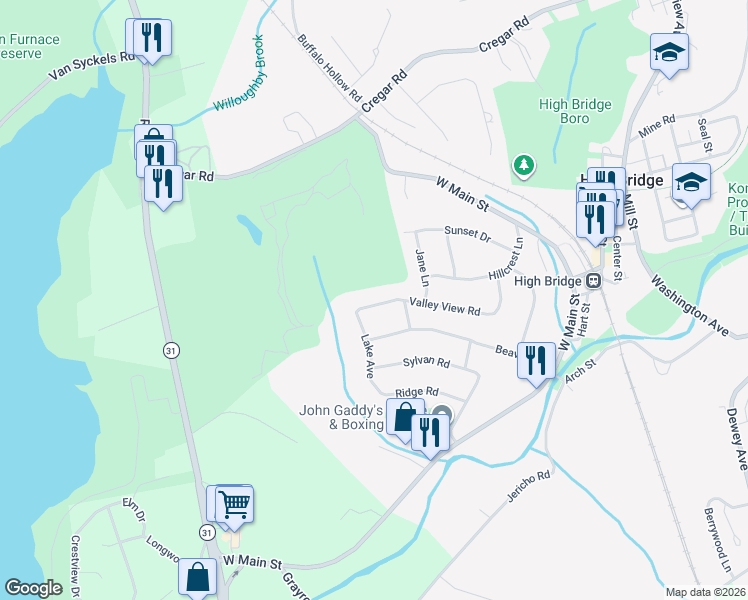 map of restaurants, bars, coffee shops, grocery stores, and more near 70 Valley View Road in High Bridge