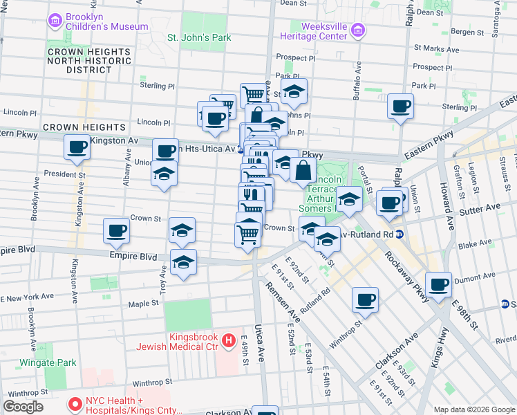 map of restaurants, bars, coffee shops, grocery stores, and more near Utica Ave & Carroll St in Brooklyn