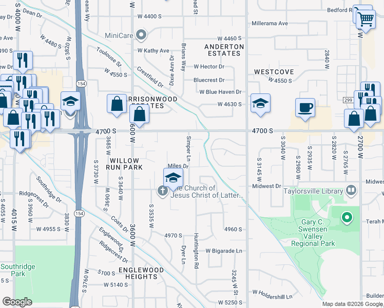 map of restaurants, bars, coffee shops, grocery stores, and more near 4743 Simper Lane in Salt Lake City