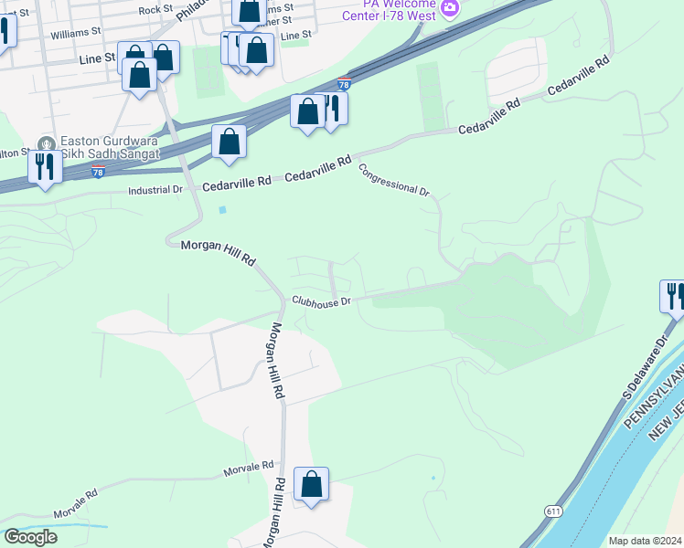 map of restaurants, bars, coffee shops, grocery stores, and more near 721 Eden Terrace in Easton