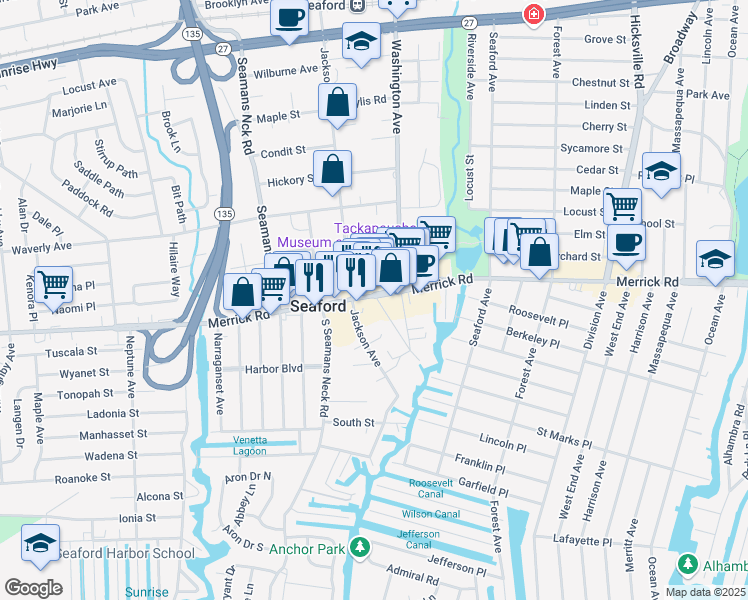 map of restaurants, bars, coffee shops, grocery stores, and more near 3940 Merrick Road in Seaford