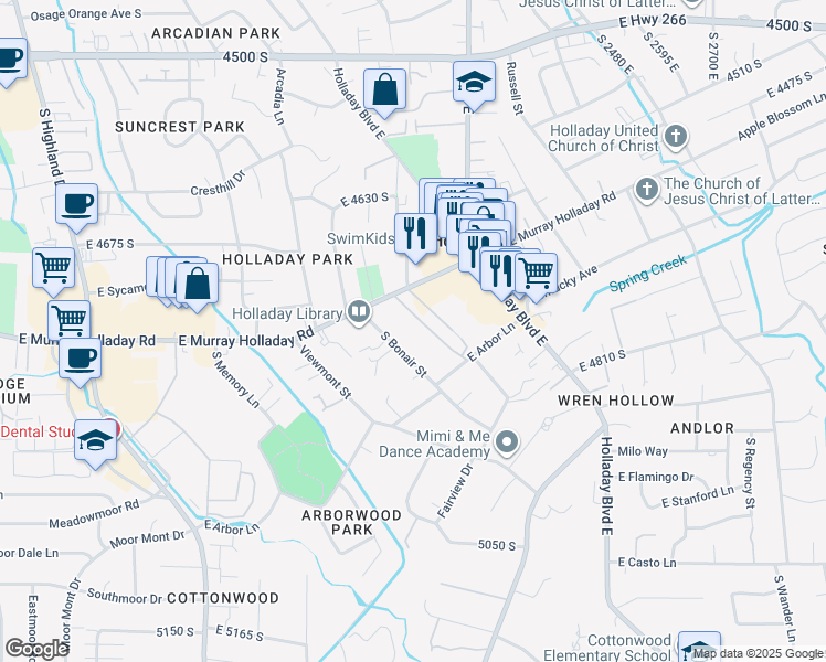 map of restaurants, bars, coffee shops, grocery stores, and more near 2220 East Murray Holladay Road in Holladay