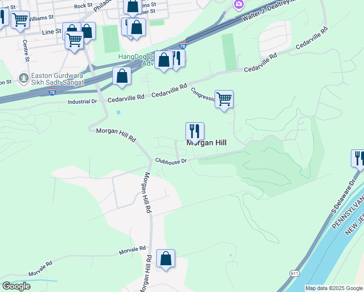 map of restaurants, bars, coffee shops, grocery stores, and more near 721 Eden Terrace in Easton