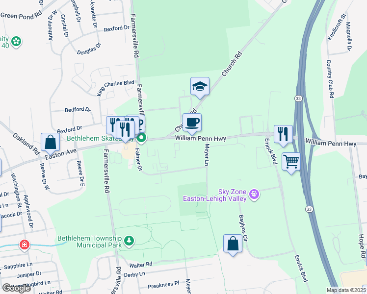 map of restaurants, bars, coffee shops, grocery stores, and more near 8052 William Penn Highway in Easton