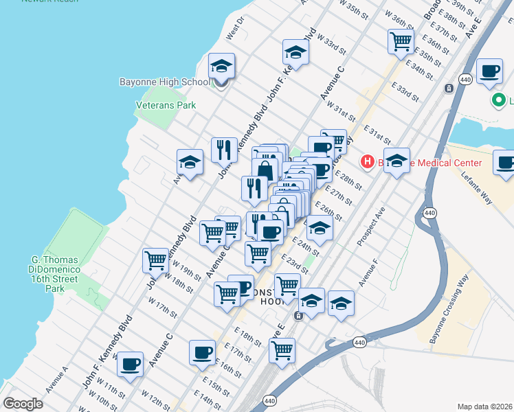 map of restaurants, bars, coffee shops, grocery stores, and more near 557 Avenue C in Bayonne