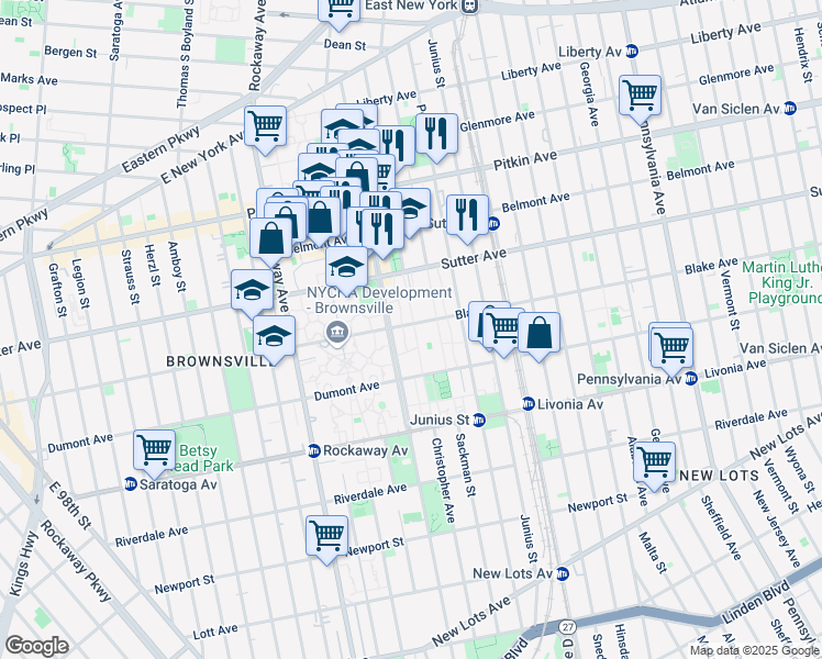 map of restaurants, bars, coffee shops, grocery stores, and more near 374 Blake Avenue in Brooklyn