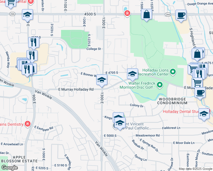 map of restaurants, bars, coffee shops, grocery stores, and more near 4759 South 1300 East in Salt Lake City