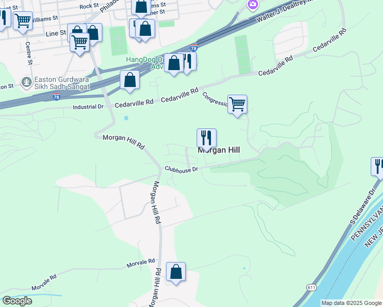 map of restaurants, bars, coffee shops, grocery stores, and more near 719 Eden Terrace in Easton