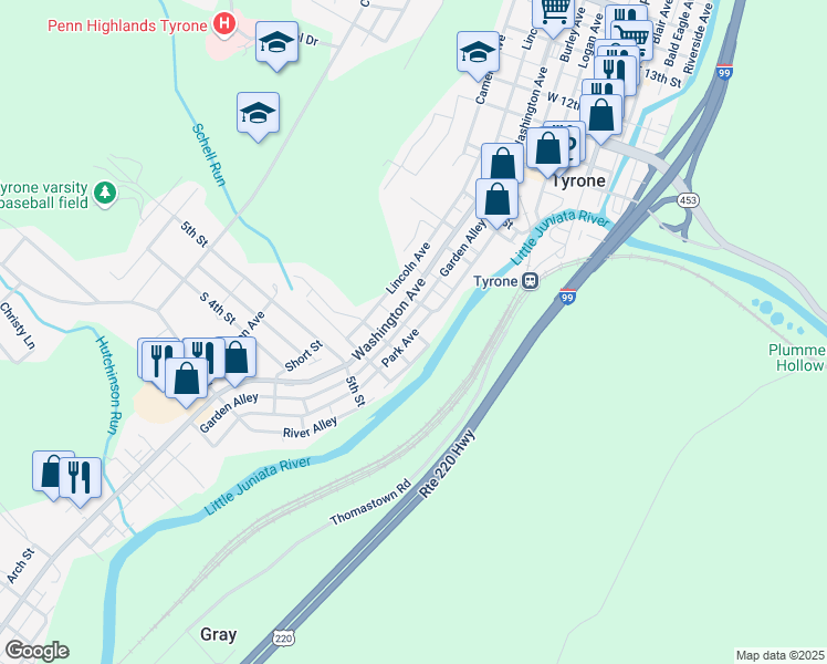 map of restaurants, bars, coffee shops, grocery stores, and more near 638 Park Avenue in Tyrone