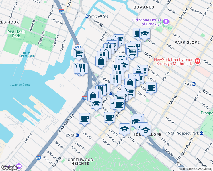 map of restaurants, bars, coffee shops, grocery stores, and more near 84 16th Street in Brooklyn