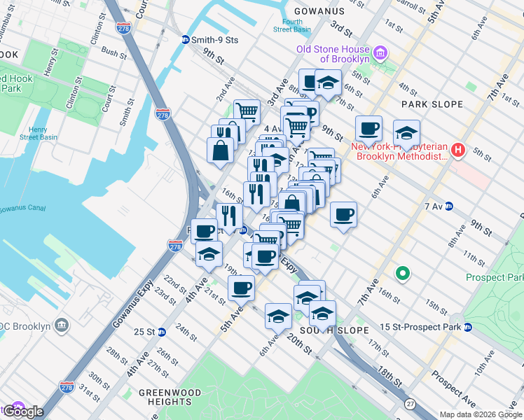 map of restaurants, bars, coffee shops, grocery stores, and more near 557 4th Avenue in Brooklyn