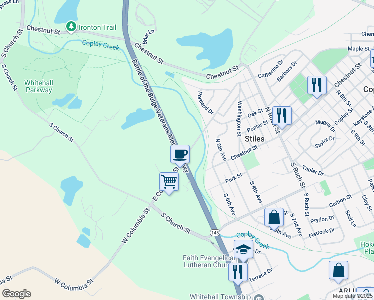 map of restaurants, bars, coffee shops, grocery stores, and more near 3629 East Columbia Street in Lehigh County