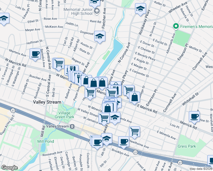 map of restaurants, bars, coffee shops, grocery stores, and more near 34 North Corona Avenue in Valley Stream