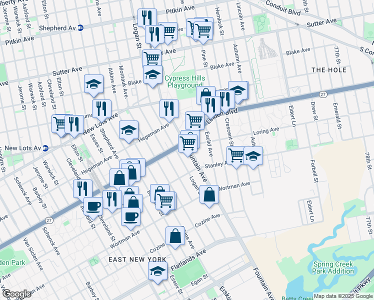 map of restaurants, bars, coffee shops, grocery stores, and more near 2486 Linden Boulevard in Brooklyn