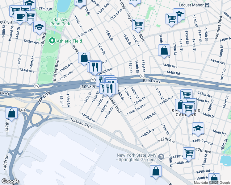 map of restaurants, bars, coffee shops, grocery stores, and more near 165-22 South Conduit Avenue in Queens