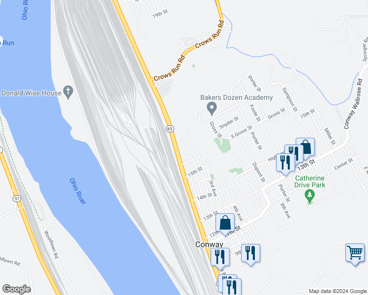 map of restaurants, bars, coffee shops, grocery stores, and more near 1628 2nd Avenue in Conway
