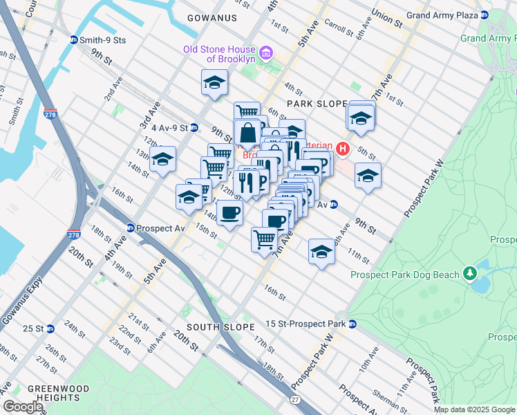 map of restaurants, bars, coffee shops, grocery stores, and more near 353 12th Street in Brooklyn